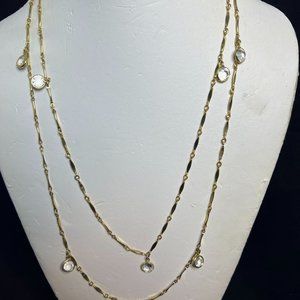 Vintage Gold Tone And Faceted Round Rhinestone Link Necklace 50" (3878)